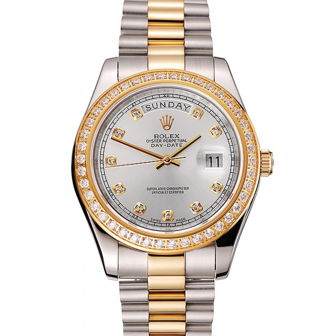 Aaa fake watches Dial 1453971 White Steel Gold Bracelet Stainless Diamond Day-Date Two Tone Swiss Rolex Case 1025